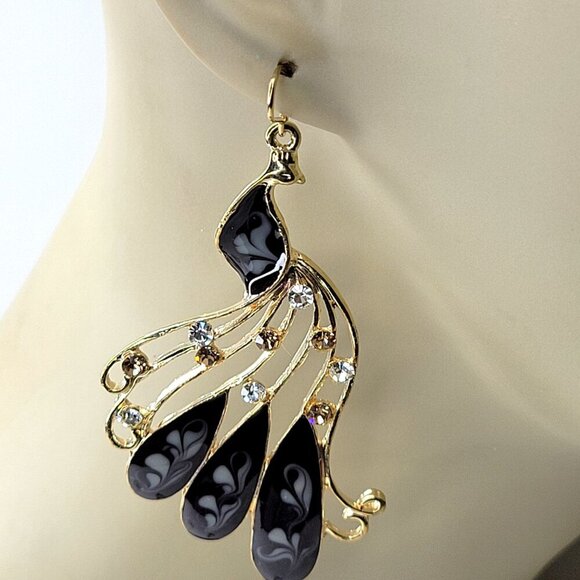 Peacock Chandelier Earrings Gold and Black Bird Earrings - Picture 2 of 8